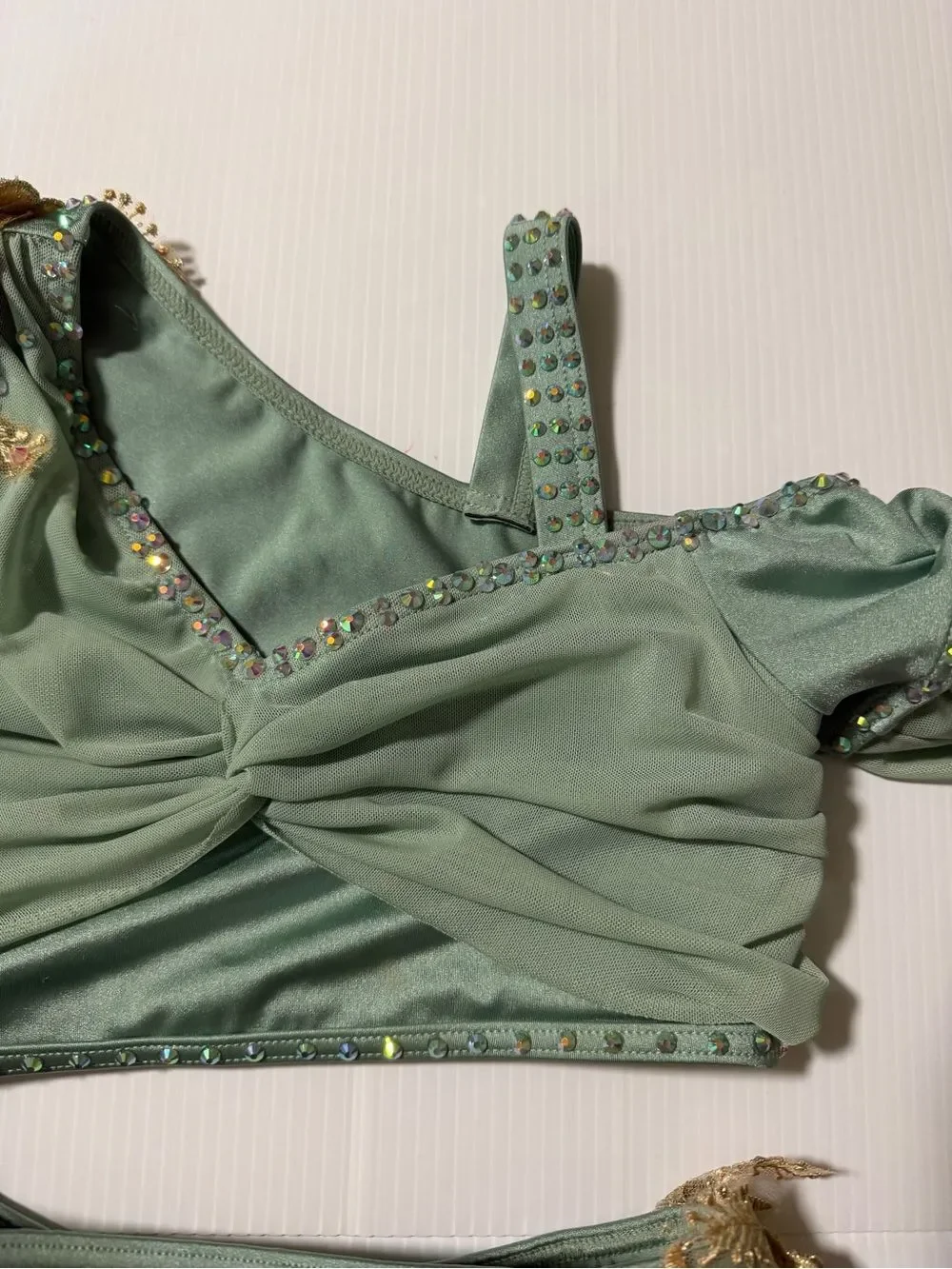 Weissman Elite dance costume 2 piece August 15286 sage green MC-Medium child